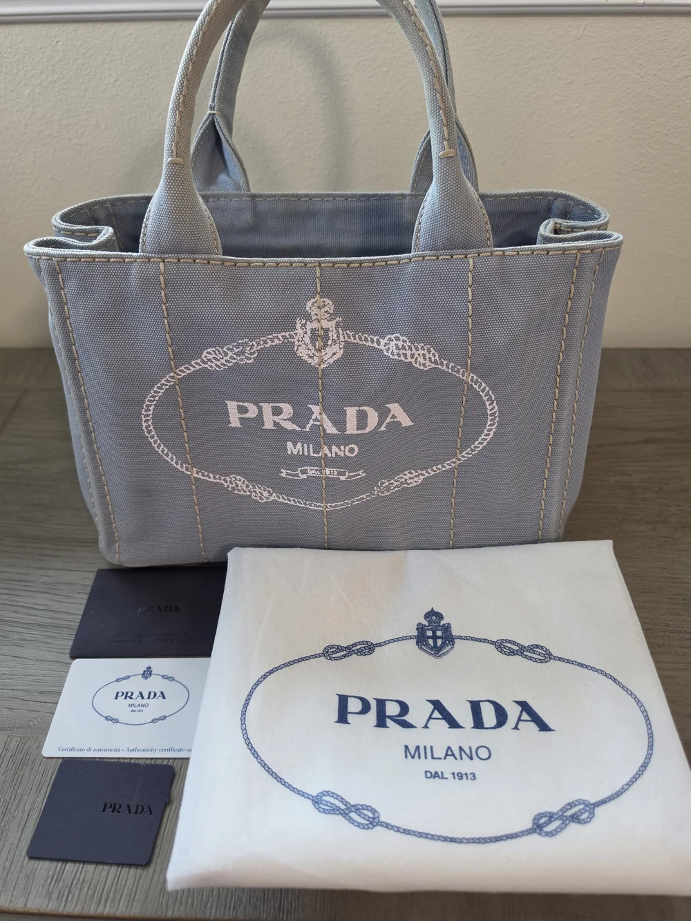 Prada Canapa Light Blue Canvas Mini Tote with Gold Accents